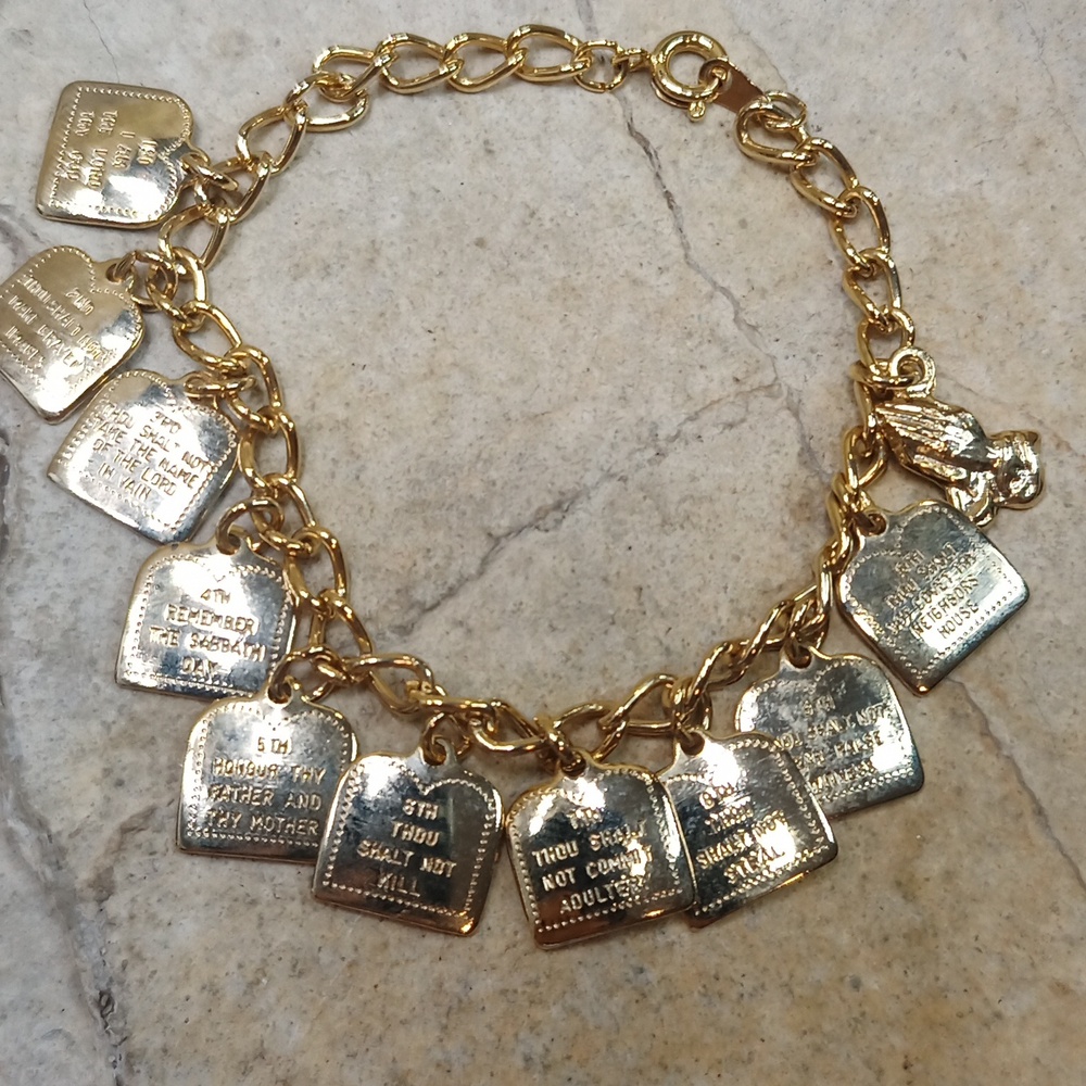 Vintage Dangle Charm bracelet Gold Plated Ten Commandments Bible